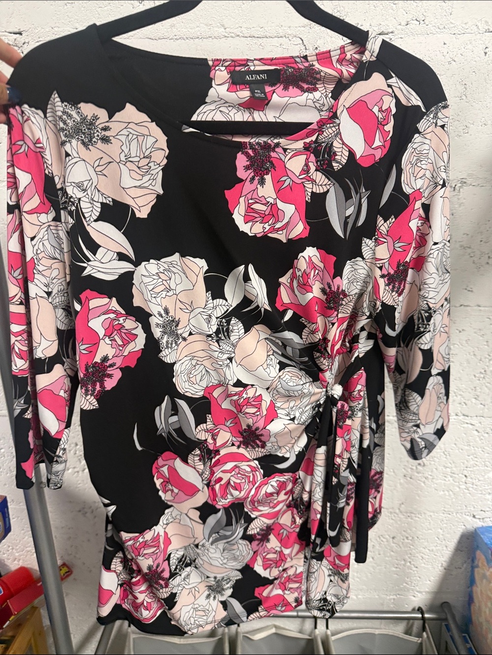 Alfani Black Floral Wrap-Style Tunic Pink and Cream Blooms - Size PXL Like NEW